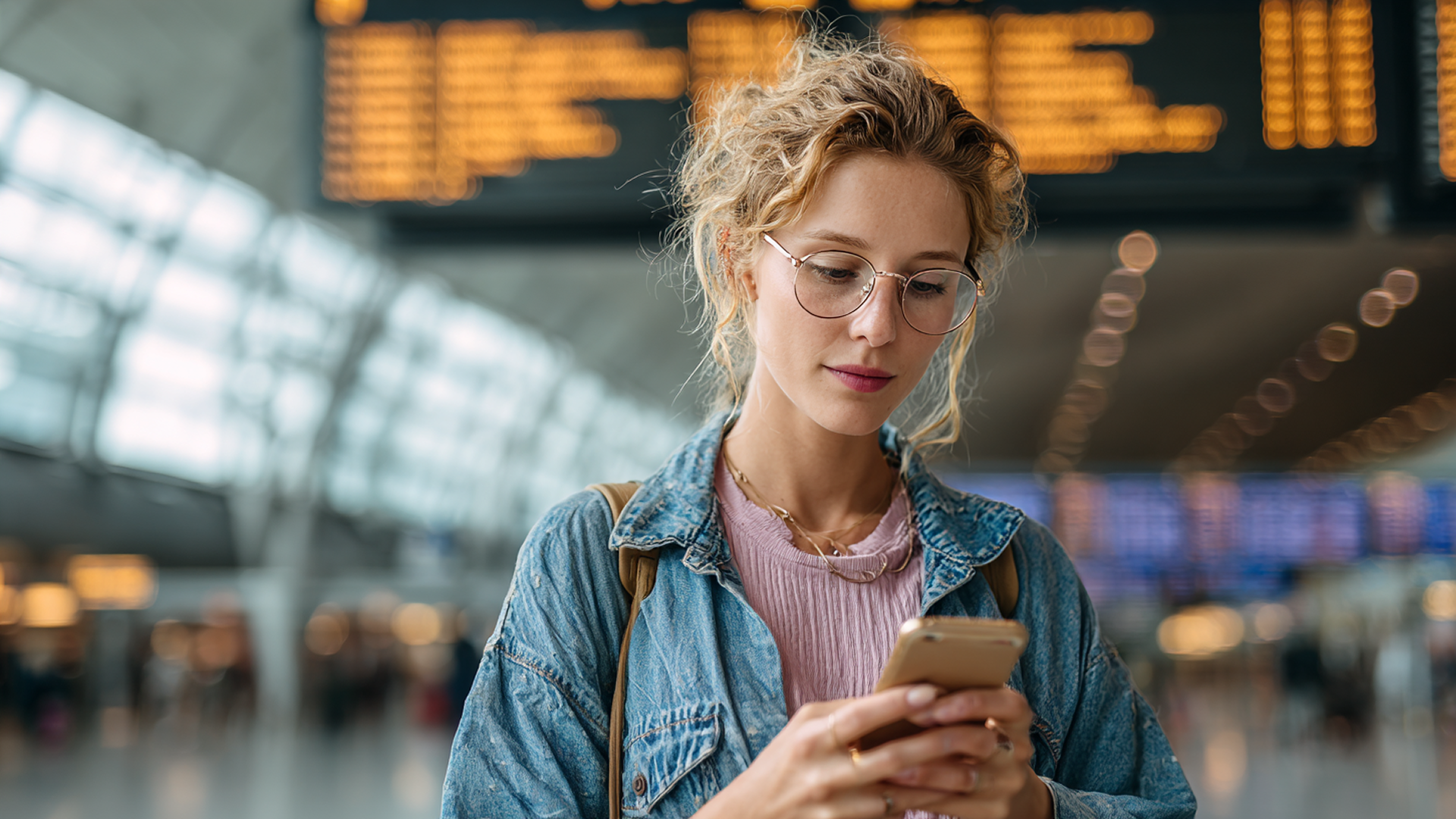 A woman checking her smartphone in an airport terminal with a departures board blurred in the background.