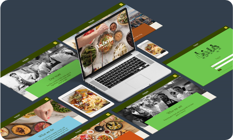 An isometric view of several website screens for Vacherin featuring sections titled "Our team," "Who we are," and "What we do," accompanied by photos of chefs at work and fresh ingredients.