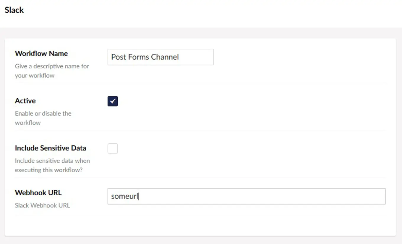Screenshot of the configuration for the new Slack workflow type in Umbraco Forms 8.7