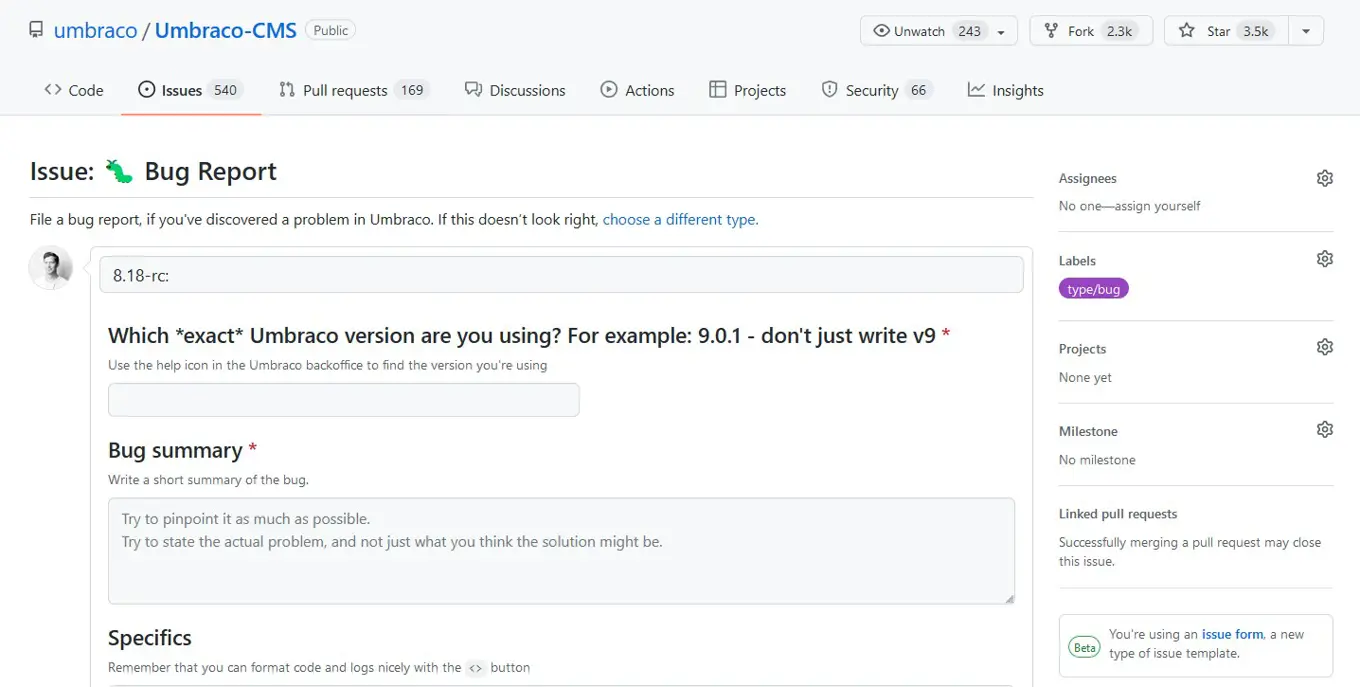 Github New Issue Umbraco 8.18 RC