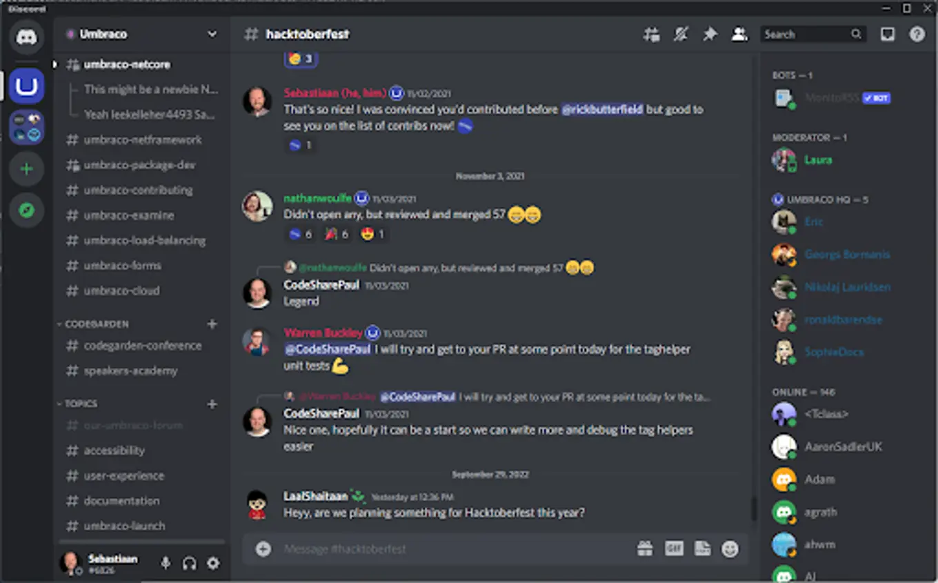 Screenshot of the Umbraco Discord server, showing the recent conversation on the # hacktoberfest channel.