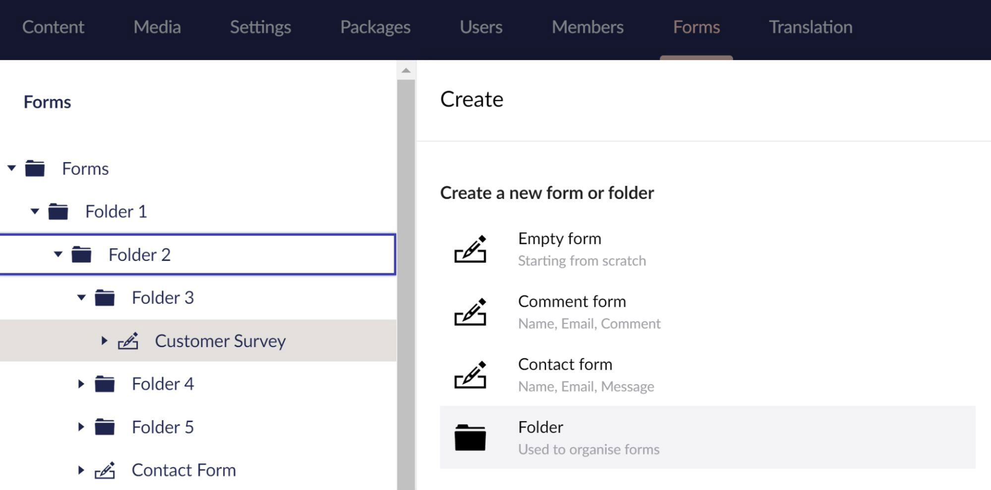 Umbraco Forms 9.3 Start Folders 1990X988px