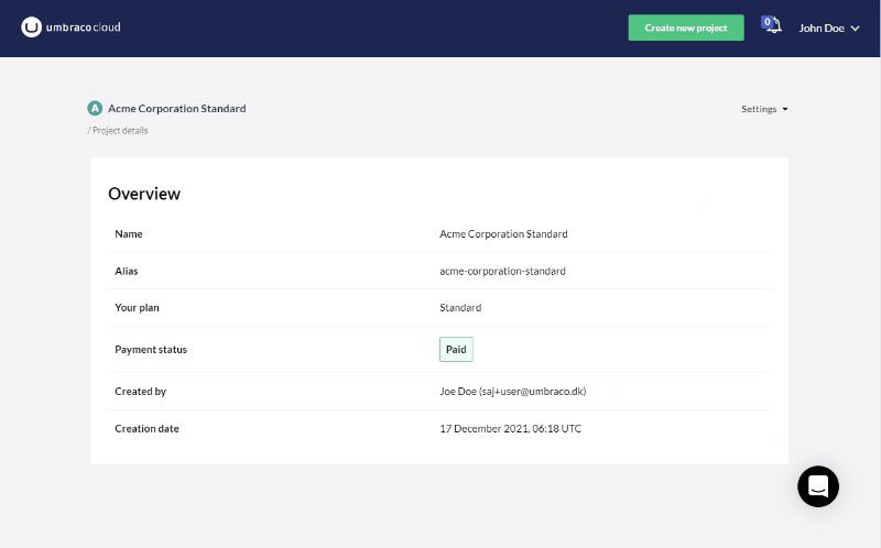 Umbraco Cloud Portal New Project Overview Page