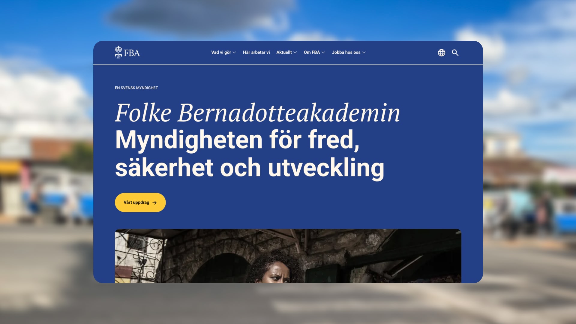 The FBA website home page on desktop, introducing Folke Bernadotteakademin as the Swedish agency for peace, security and development