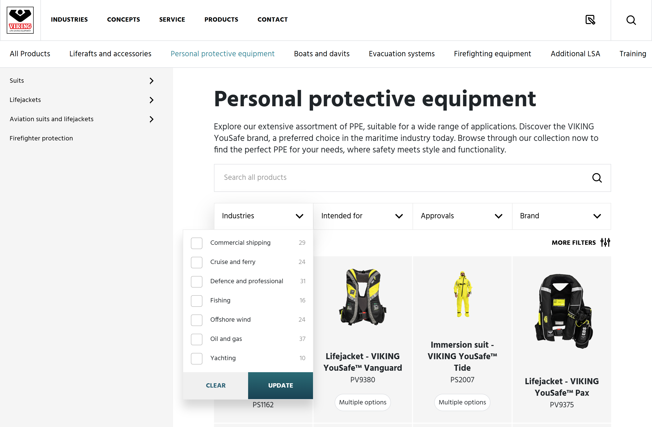 VIKING Personal Protective Equipment shop page displaying maritime lifejackets, immersion suits, and safety gear filters.