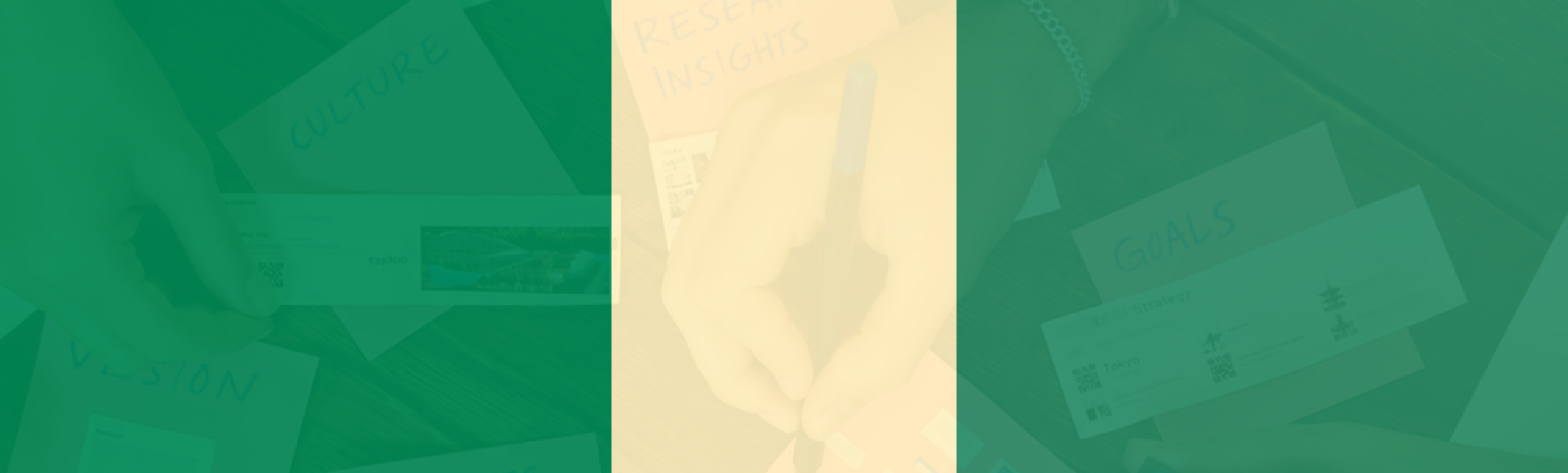 Design thinking and workshop planning banner graphic featuring research insights, culture, and goals sticky notes.