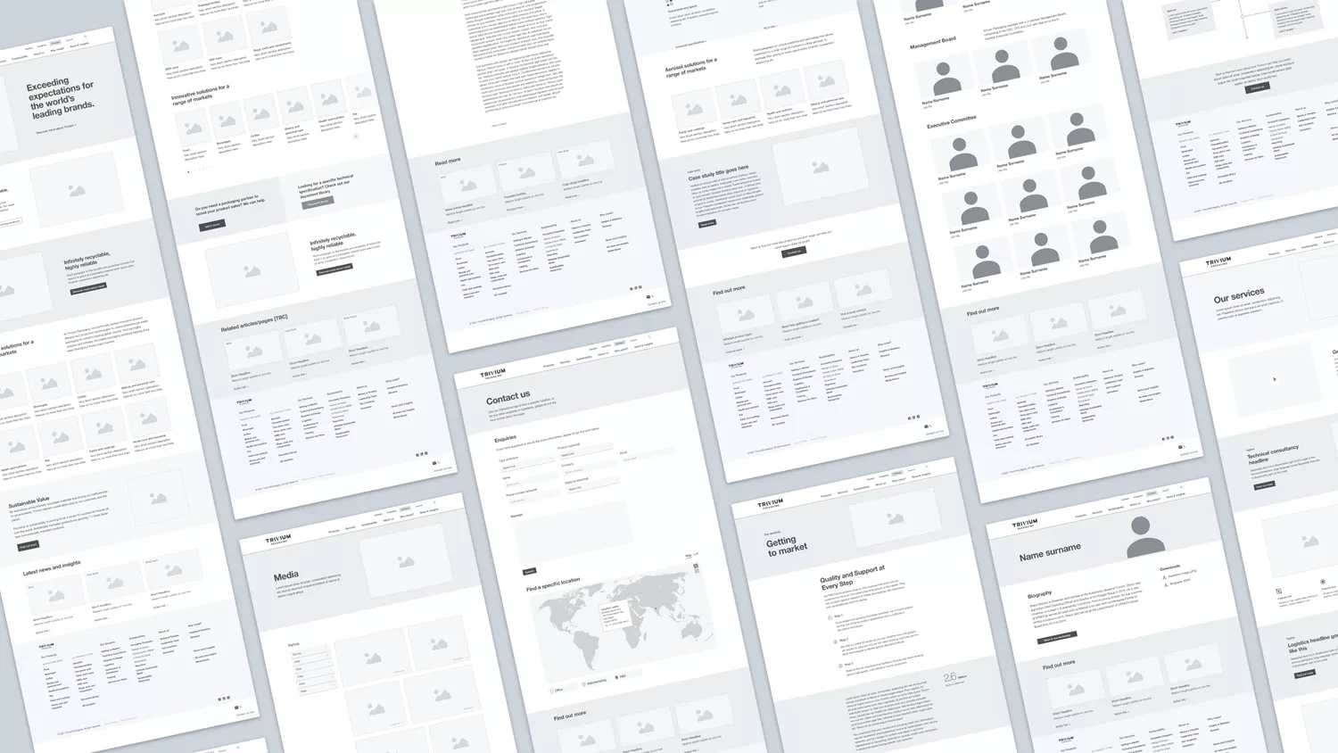 A collage of various grey-scale wireframe layouts for the Trivium Packaging website, showing structural designs for different pages.