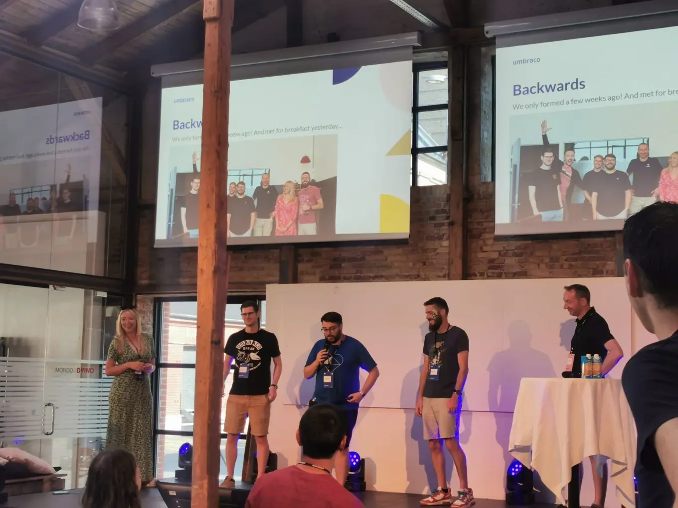 Amy Czuba on stage at Codegarden, with some of her fellow Sustainability Team members. Left to right: Amy, Thomas Morris, Rick Butterfield, James Hobbs and Lasse Fredslund