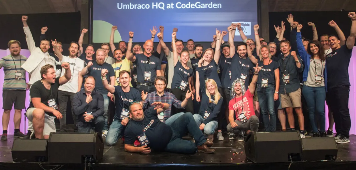 Entire Umbraco HQ team together on stage at Codegarden 2018