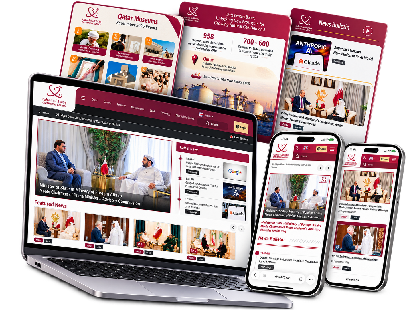 Multi-device presentation of the Qatar News Agency portal across laptop and smartphone screens, featuring a main news feed, event calendar, energy infographics, and news bulletin widgets.