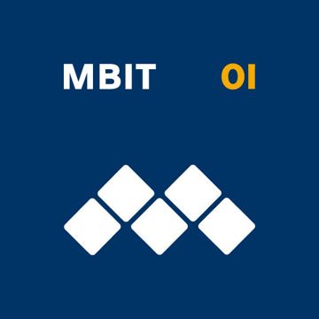 MBIT and 01 logos with three connected white diamond shapes on a dark blue background