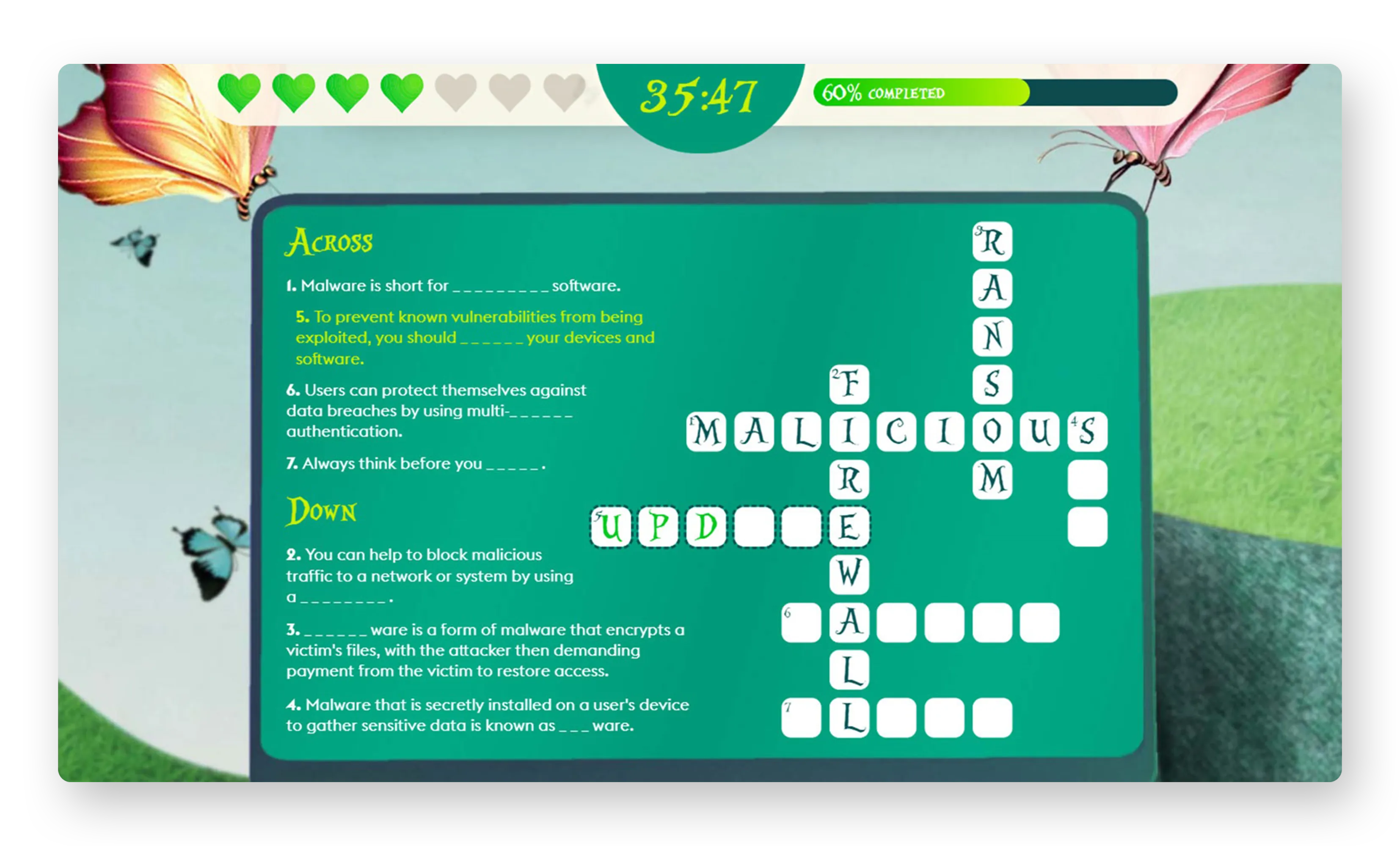 Green word puzzle board for cybersecurity lesson with timer “35:47”, “60% COMPLETED”, and letters “MALICIOUS RANSOMWARE”