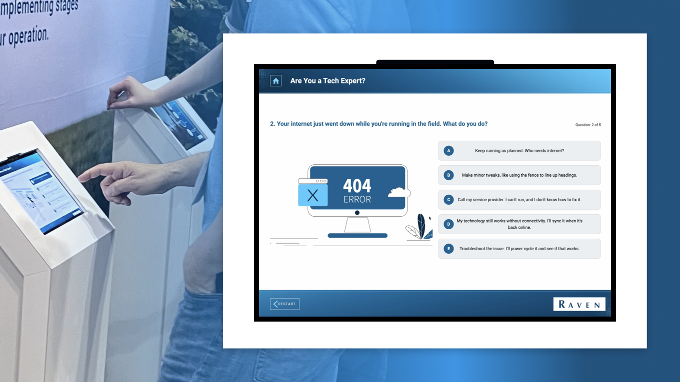 Person using a kiosk tablet beside a screen showing a “404 ERROR” tech quiz with answer choices A–E.
