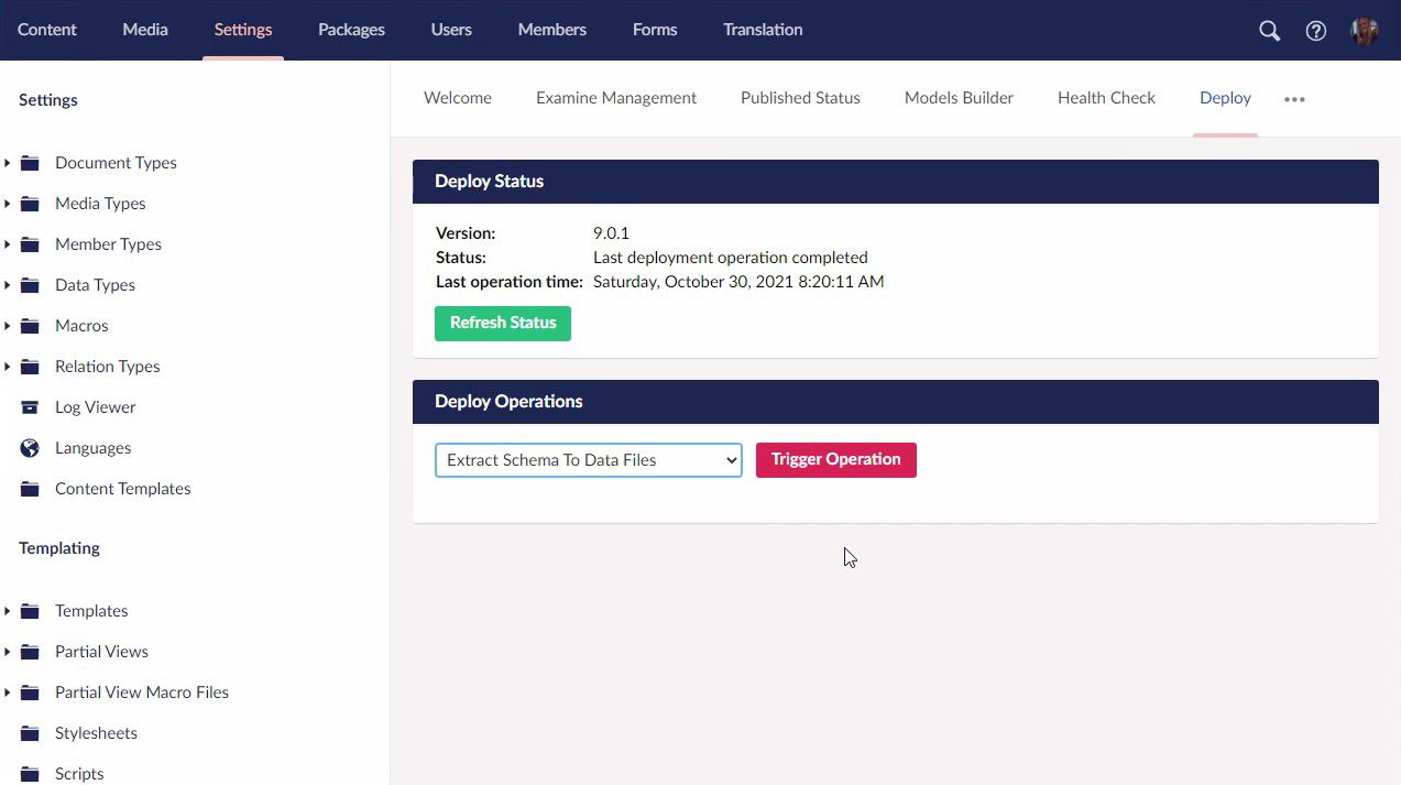Deploy dashboard in the settings section of the Umbraco backoffice.