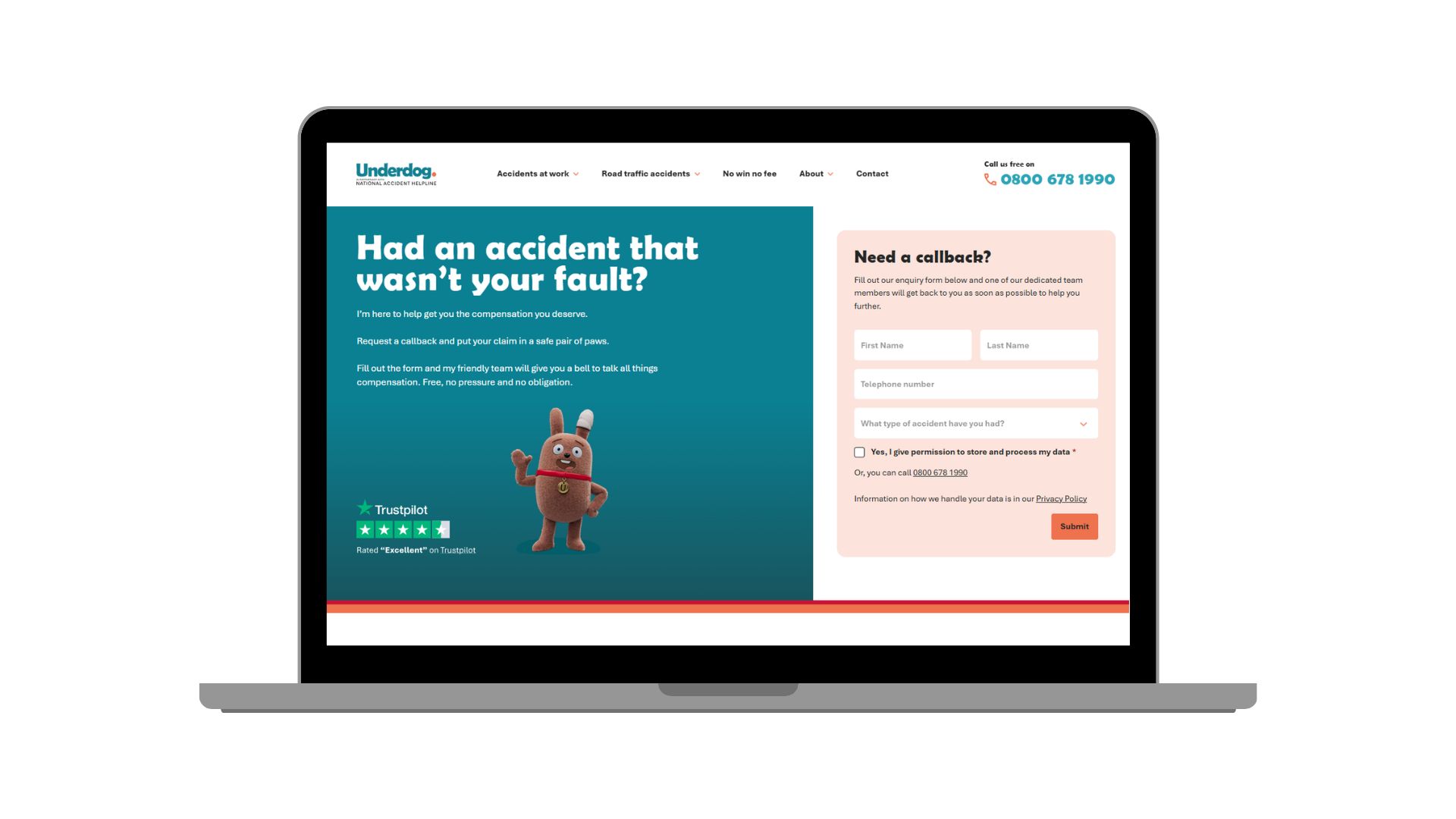 A laptop displaying the Underdog homepage with the headline "Had an accident that wasn't your fault?" and a "Need a callback?" inquiry form.