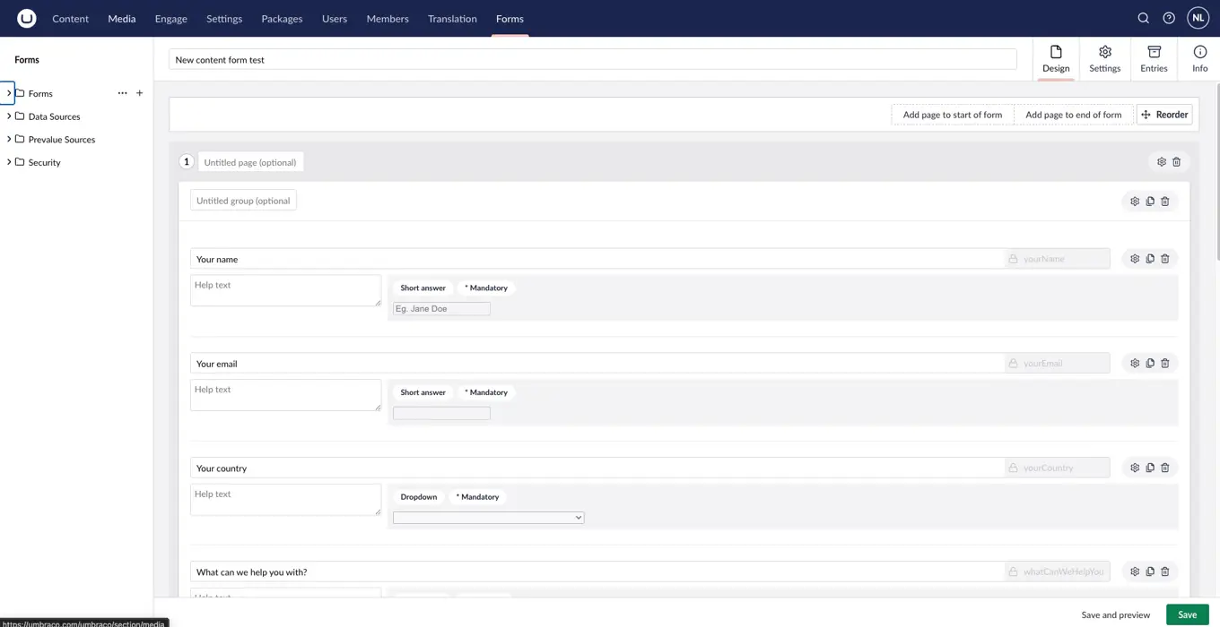 Umbraco Forms backoffice showing a contact form with fields for name, email, country and enquiry