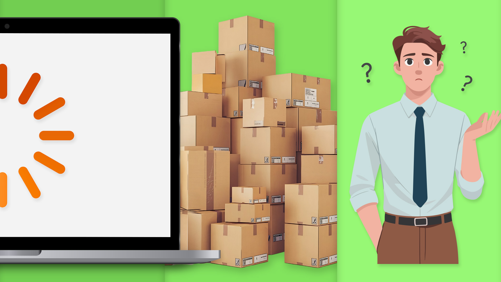 Illustration of a laptop with a loading icon next to a large stack of shipping boxes and a confused businessman.