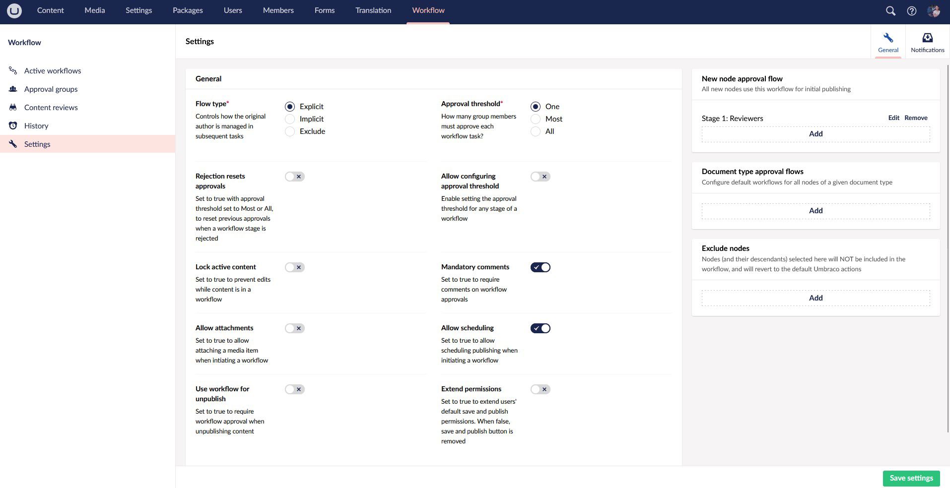 Umbraco Workflow 11.2 Updated Setting UI 1914X984px