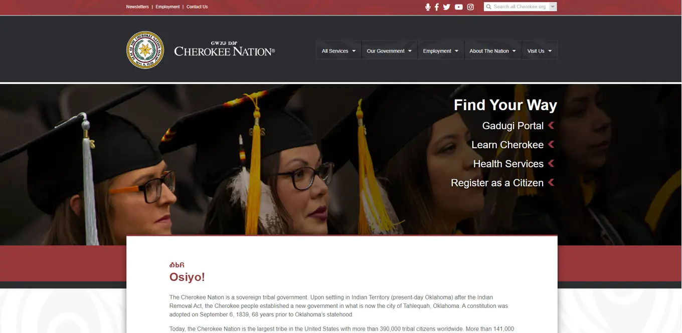 The frontpage of Cherokee Nation's website