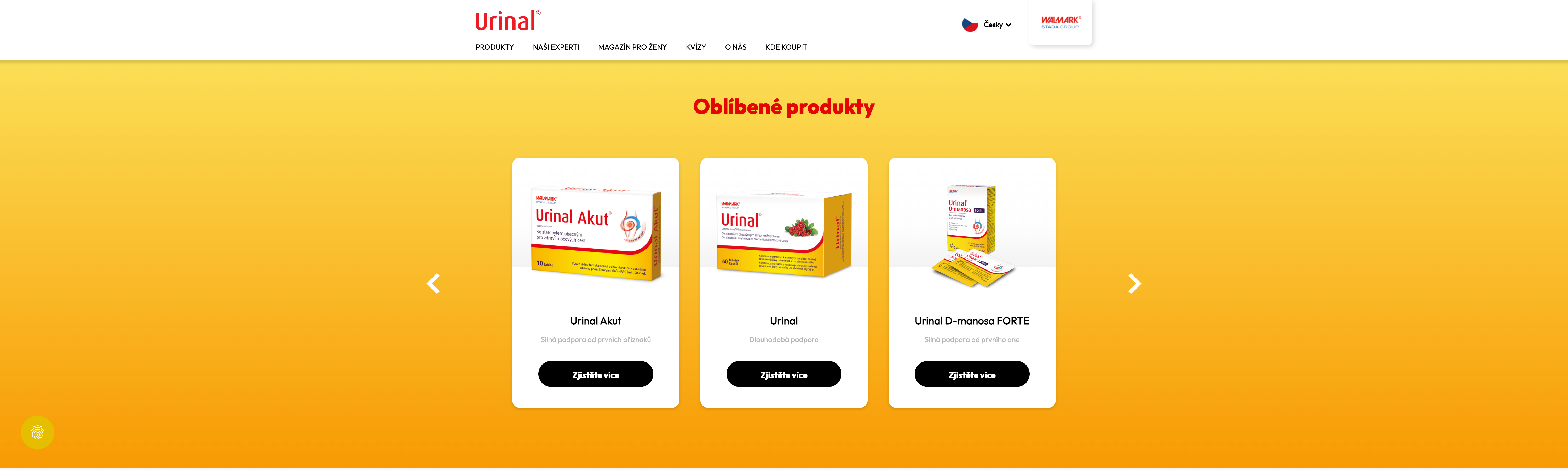 A section of the Urinal.cz website titled "Oblíbené produkty" (Favorite products) featuring three supplement boxes: Urinal Akut, Urinal, and Urinal D-manosa FORTE.