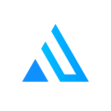 Blue geometric shapes forming a stylized letter “A” on a white background