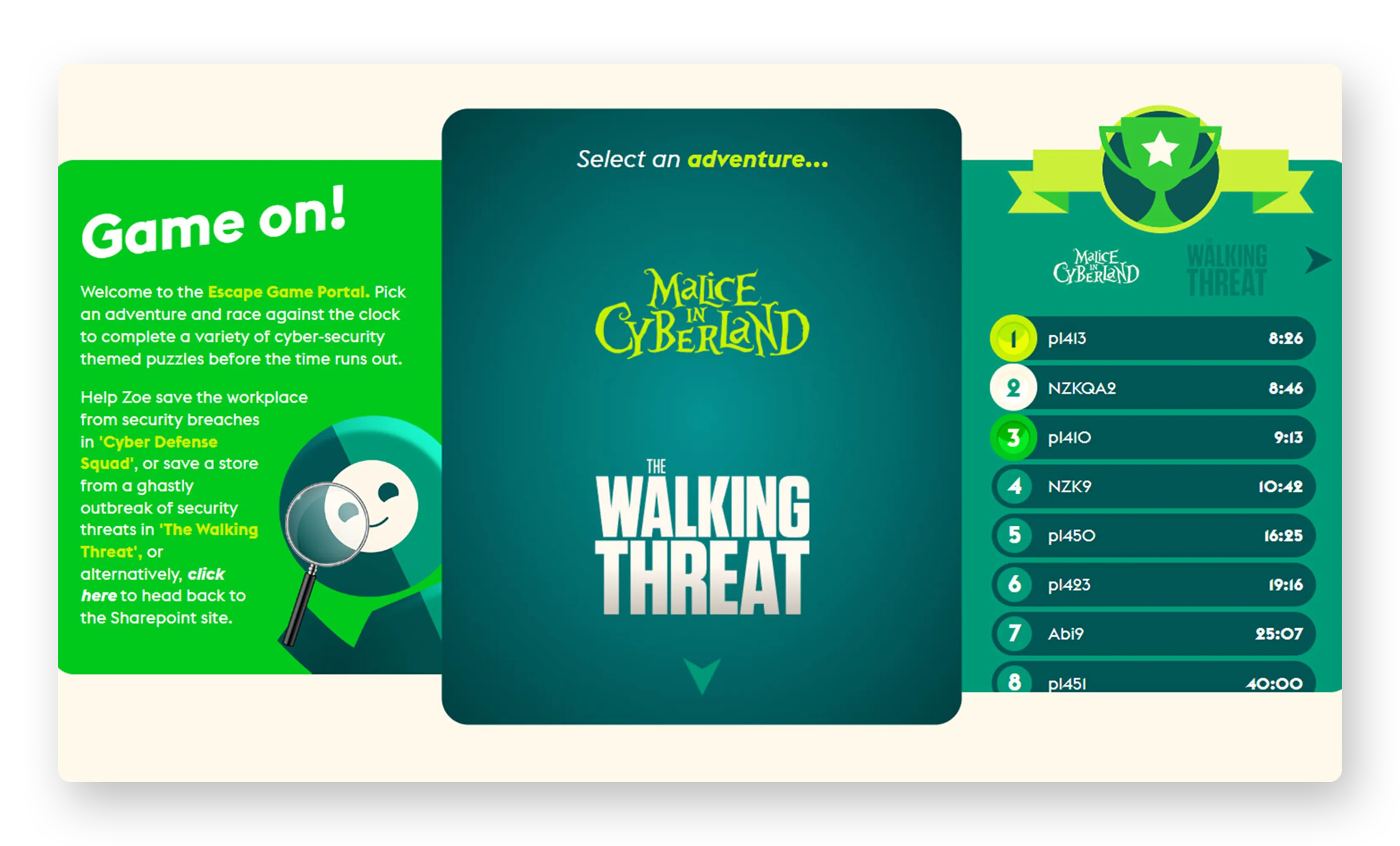 Game On portal screen with “Select an adventure...”, “Magic in Cyberland”, “The Walking Threat”, and “Walking Threat” leaderboard.
