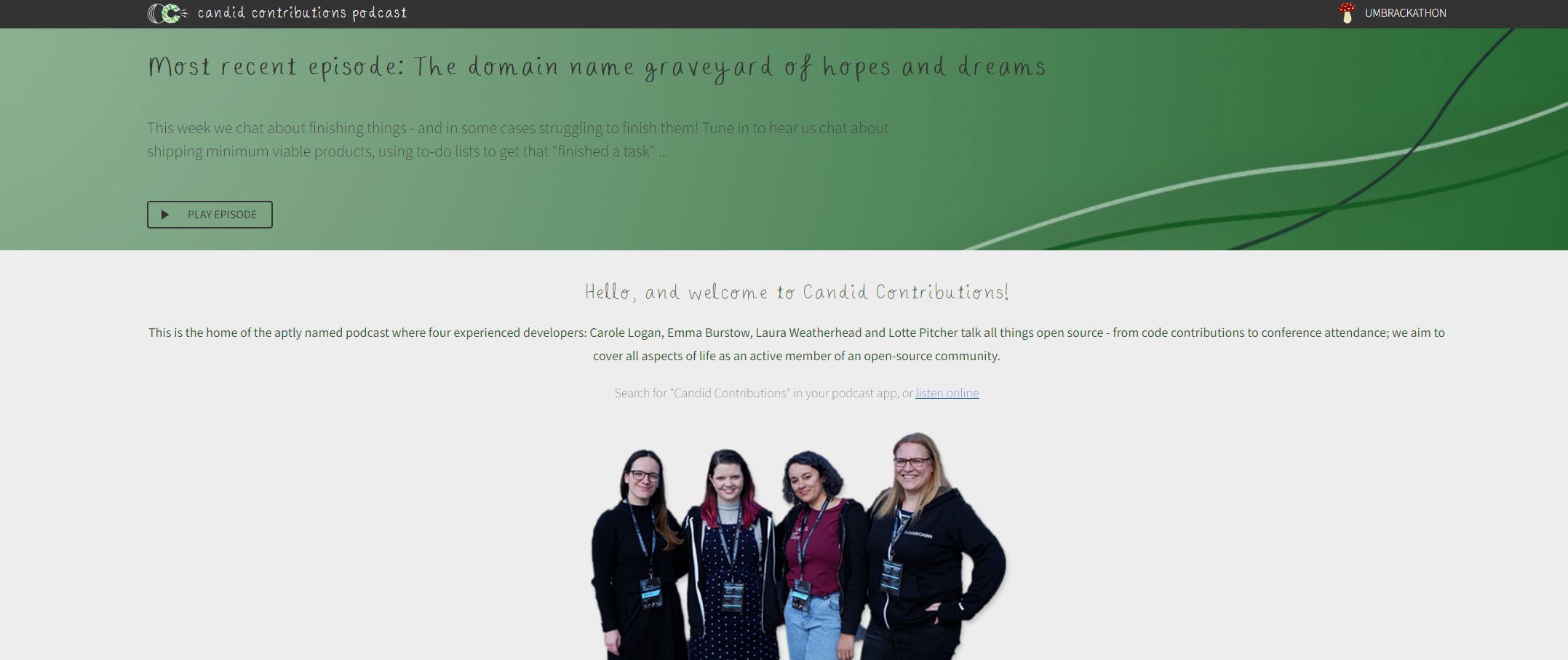 Candid Contributions Website Screenshot - Green and grey background and a picture of the four members, Carole, Laura, Emma and Lotte, at the bottom.