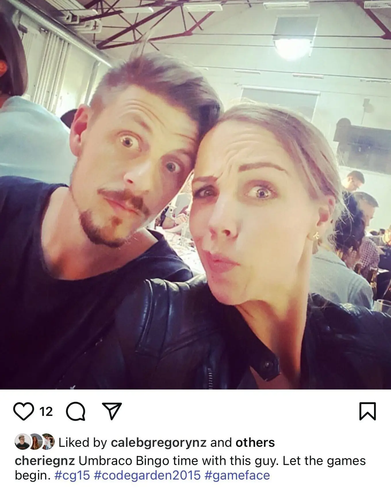 Insta post image of Cherie Gregory and husband, Peter, enjoying fun at Codegarden Bingo night in 2015