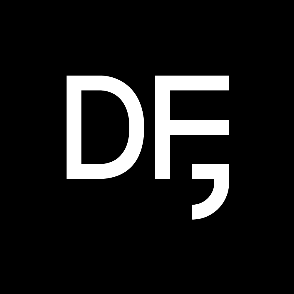 White letters “DF” on a black background.