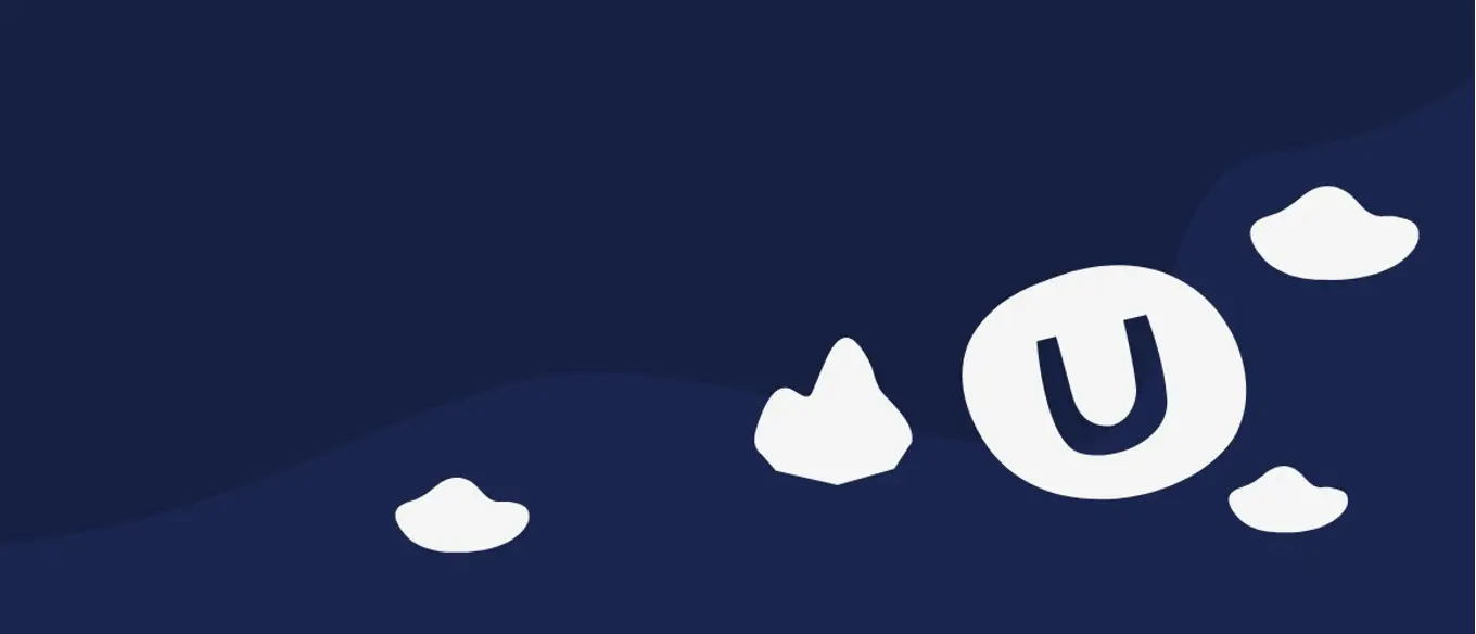 White Umbraco logo surrounded by small clouds on dark blue background