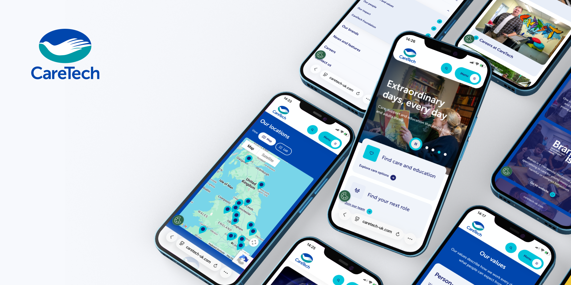 A collage of smartphones displaying various screens of the CareTech mobile website, including a UK service location map, the homepage, and brand values.