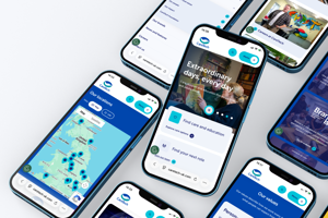 A collage of smartphones displaying various screens of the CareTech mobile website, including a UK service location map, the homepage, and brand values.
