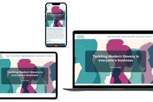 A graphic poster for the Independent Anti-Slavery Commissioner featuring overlapping colorful silhouettes of diverse profiles. A gold "VEGA Digital Awards 2025 Winner" badge is in the top right corner.