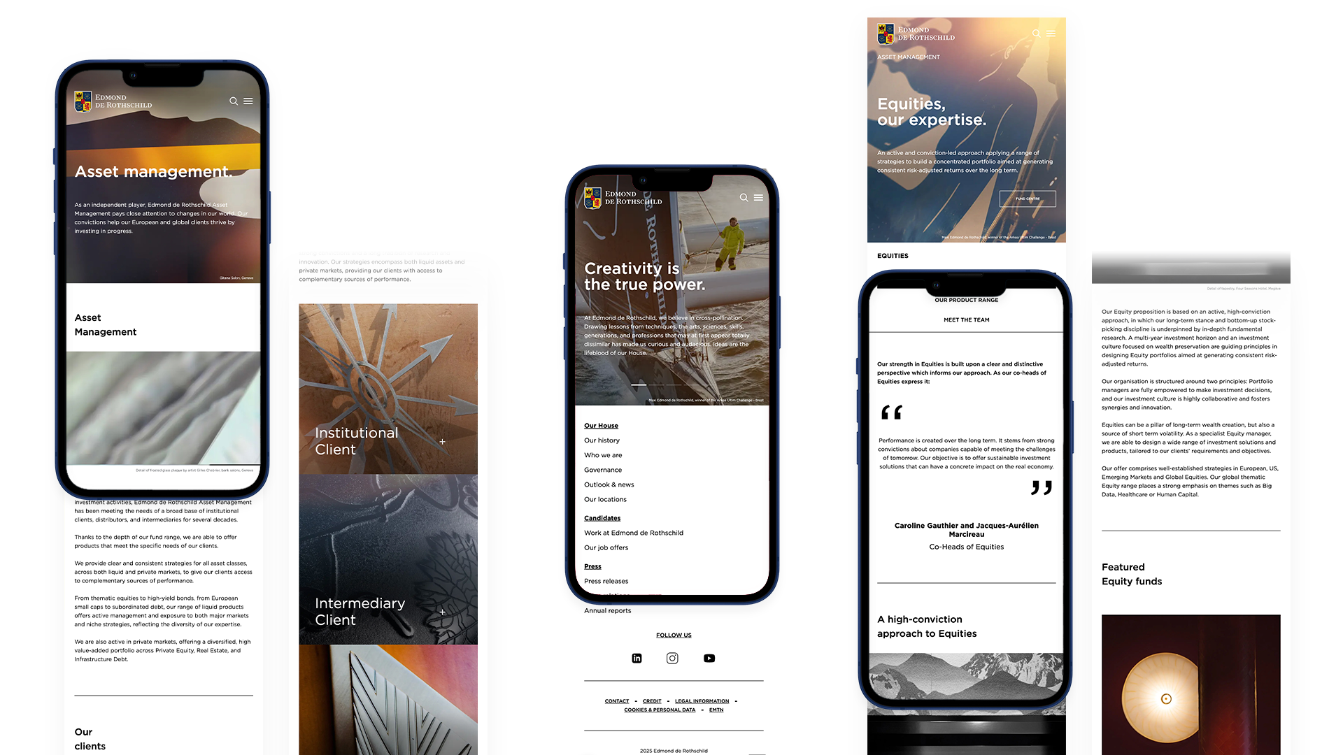 A series of mobile user interface designs for Edmond de Rothschild Asset Management, featuring pages for institutional and intermediary clients.