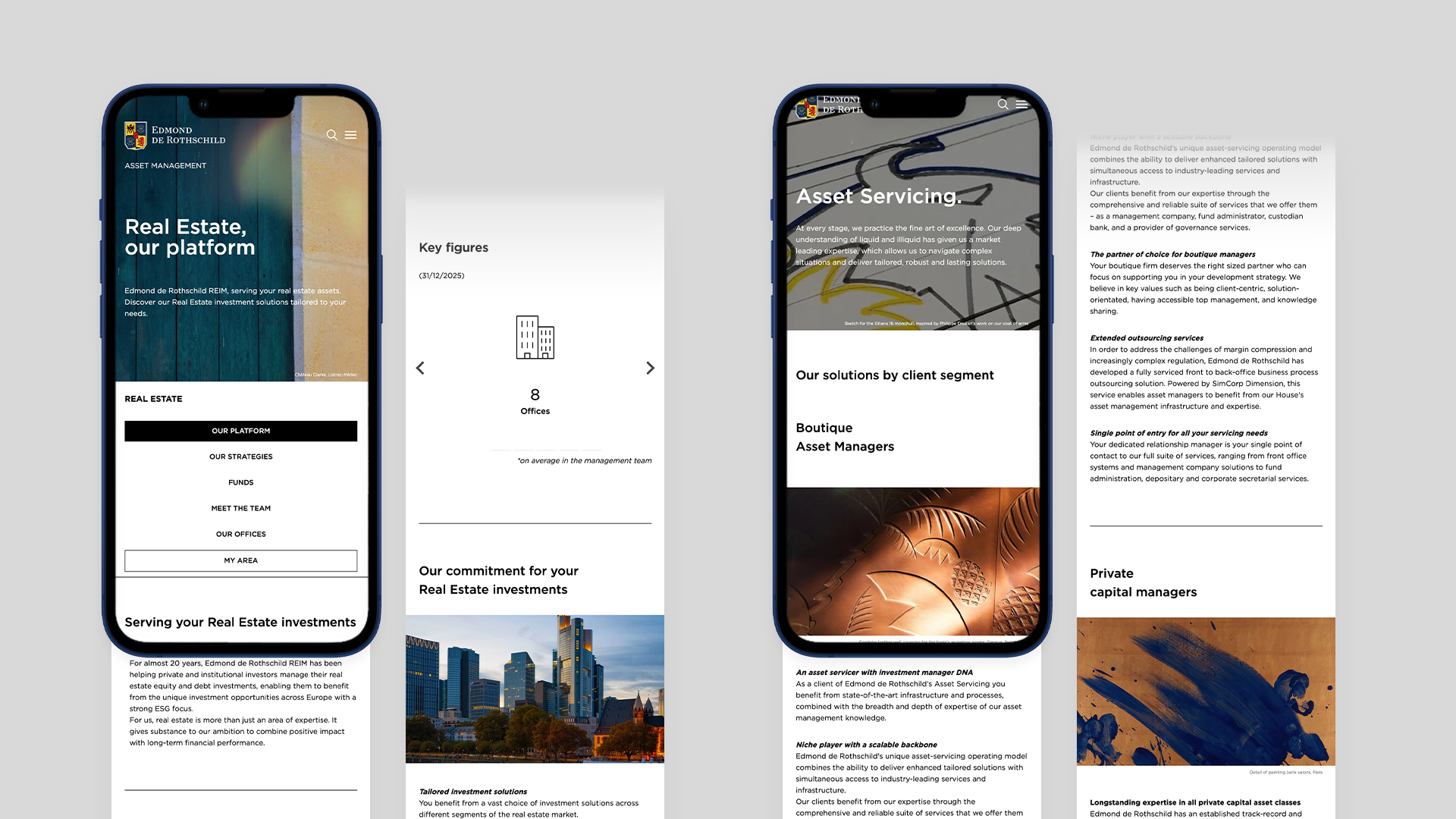 A series of mobile user interface designs for Edmond de Rothschild Asset Management, featuring pages for institutional and intermediary clients.