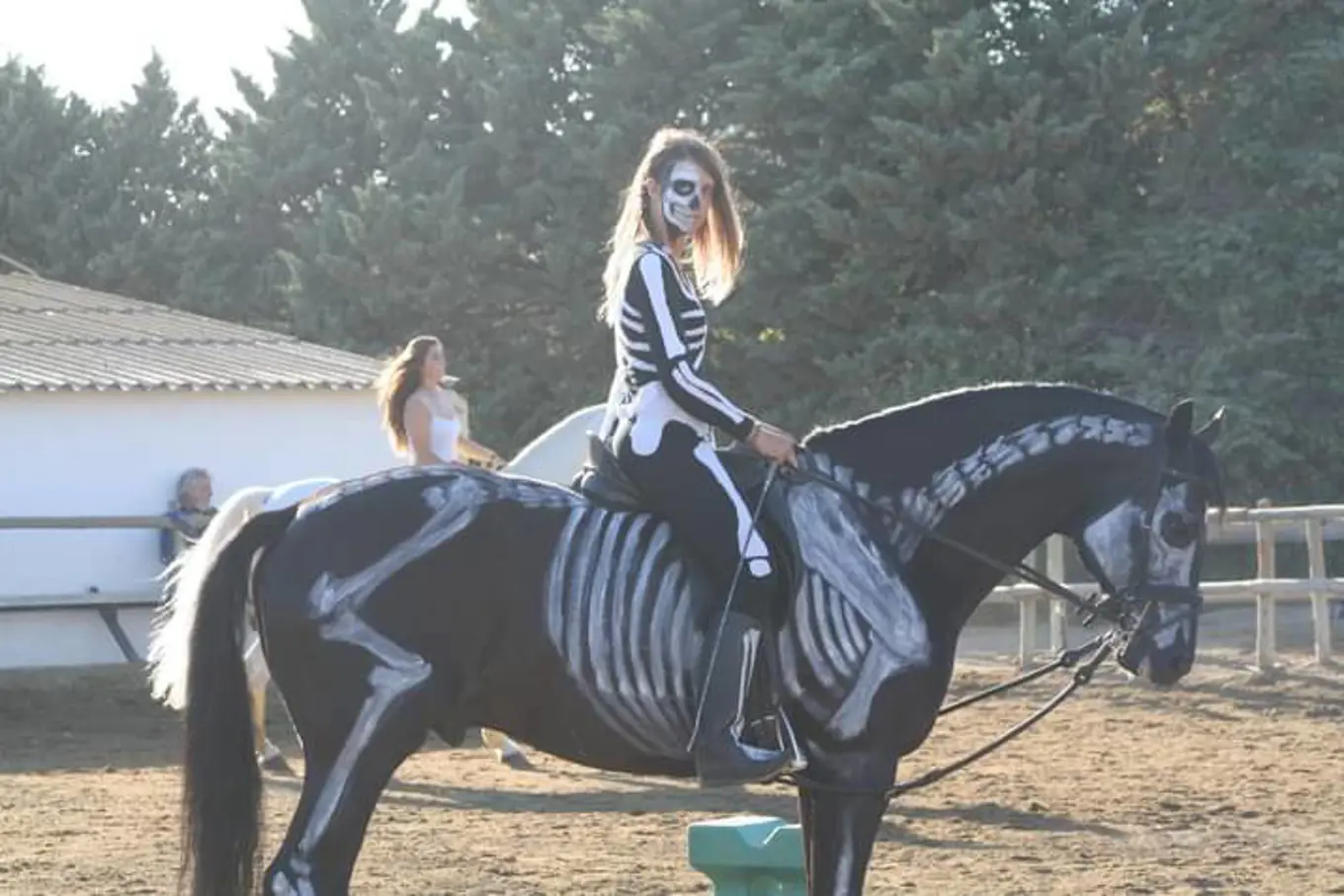 Marina with long hair on a horse, both in skeleton costume