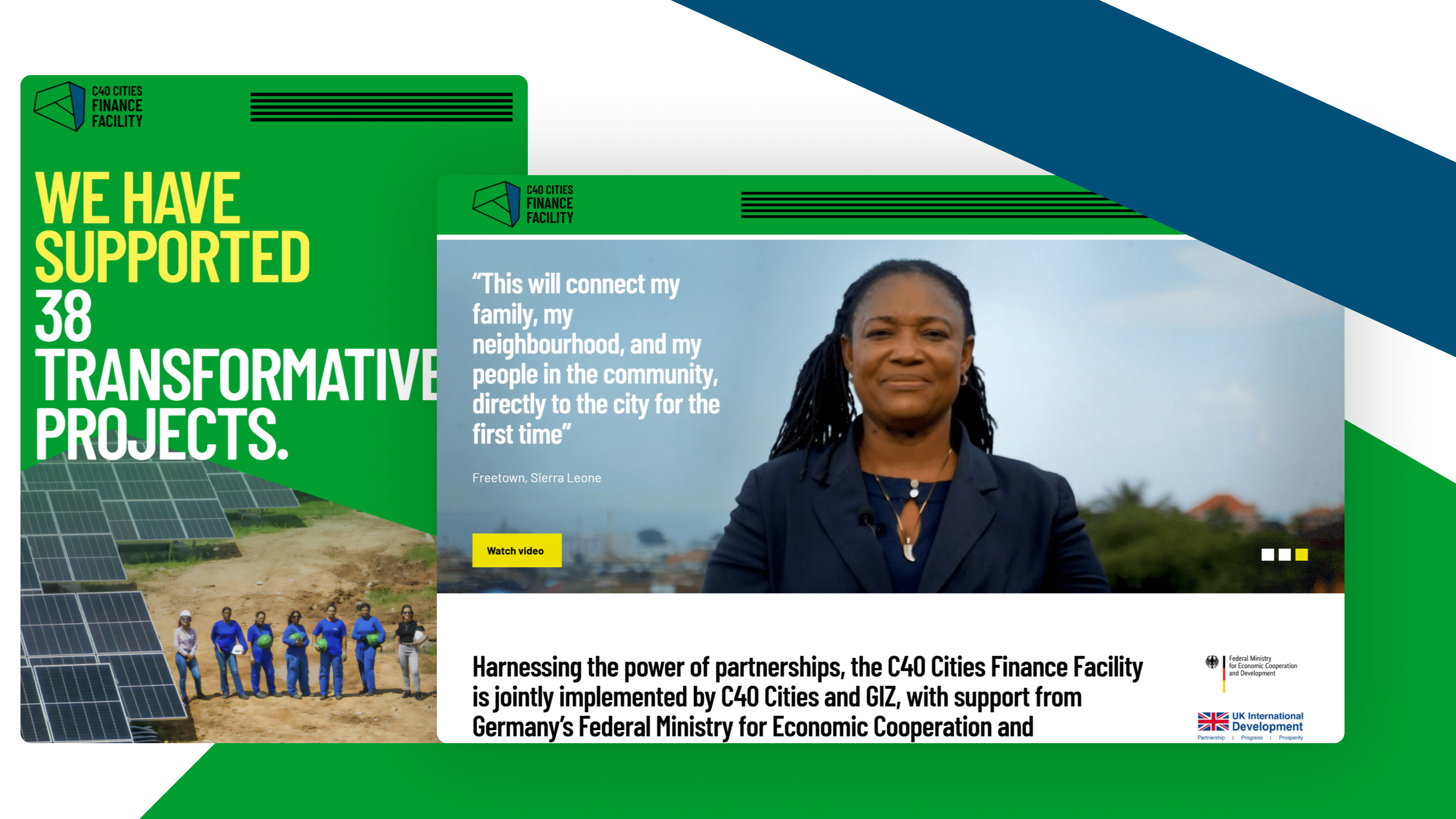 C40 Cities Finance Facility promo graphic highlighting 38 urban climate finance and sustainability projects implemented with GIZ and Germany's Federal Ministry.