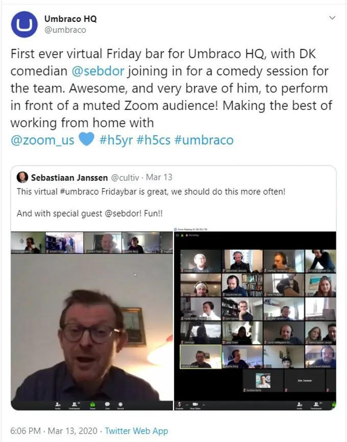Twitter screenshot of virtual friday bar at Umbraco HQ