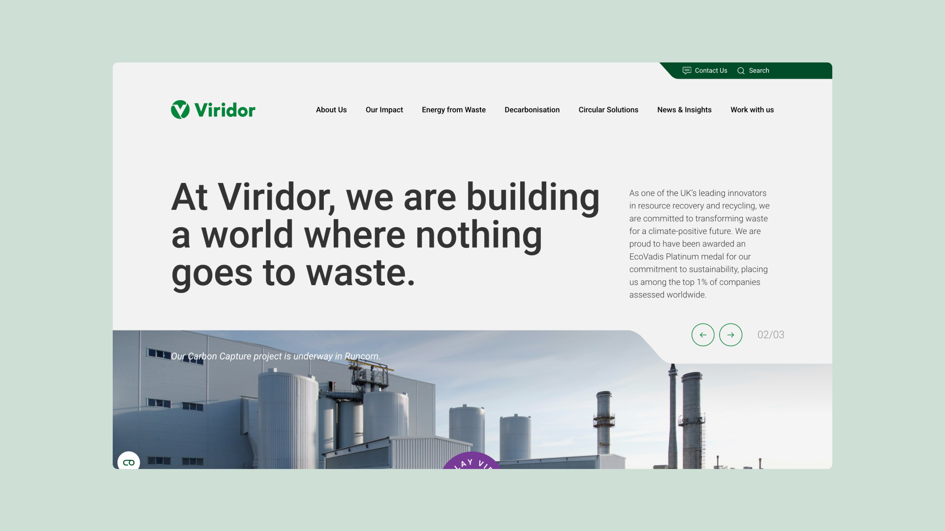 A desktop view of the Viridor website homepage featuring the headline "At Viridor, we are building a world where nothing goes to waste" alongside information about their EcoVadis Platinum medal for sustainability.