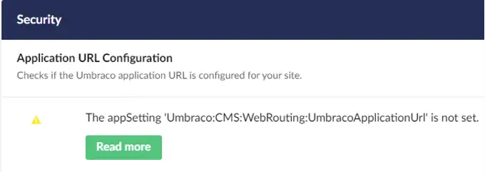 Umbraco 9.2 Fixed Application Url Health Check Warning634x225px