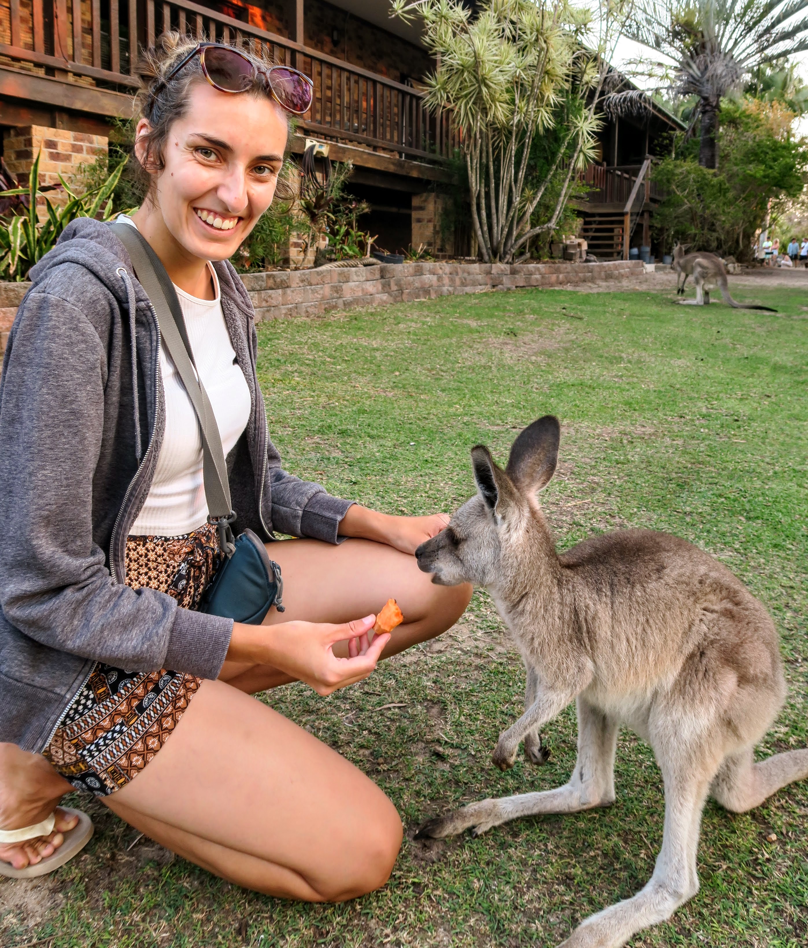 A woman sitting next to a wallaby