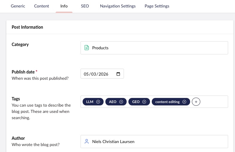 Screenshot of an Umbraco ‘Info’ tab for a blog post showing Post Information fields: Category set to ‘Products’, Publish date set to 05/03/2026, tags including LLM, AEO, GEO, and content editing, and Author set to ‘Niels Christian Laursen’.
