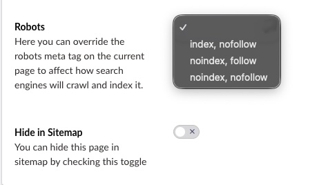 Umbraco settings showing a ‘Robots’ dropdown with options like ‘index, nofollow’, ‘noindex, follow’, and ‘noindex, nofollow’, plus a ‘Hide in Sitemap’ toggle.”