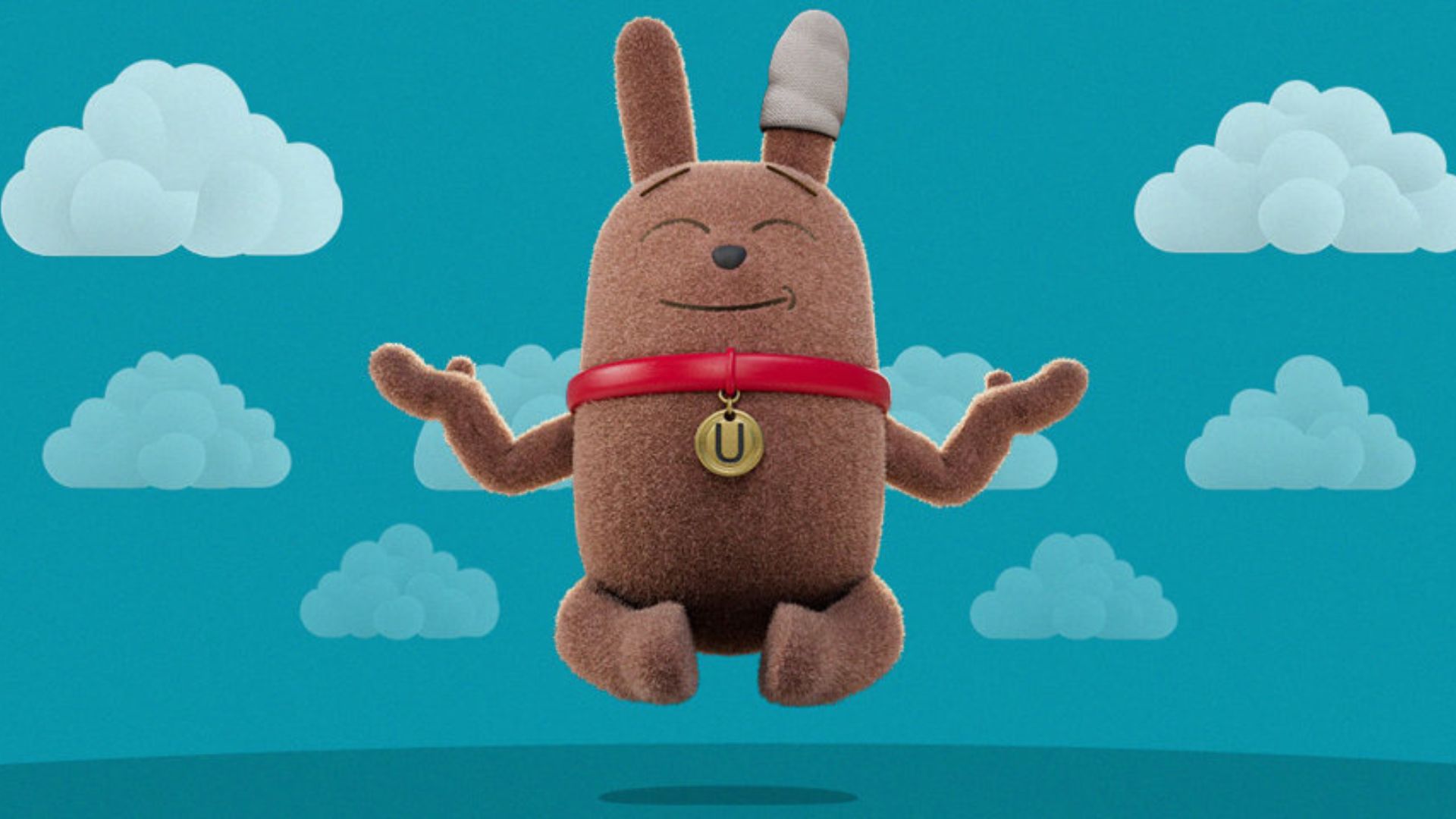 A brown, fuzzy animated dog character with a bandaged ear meditating against a teal sky with stylized white clouds.