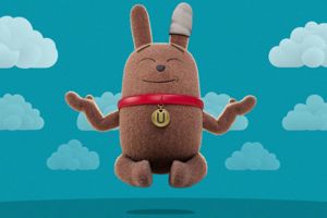 A brown, fuzzy animated dog character with a bandaged ear meditating against a teal sky with stylized white clouds.